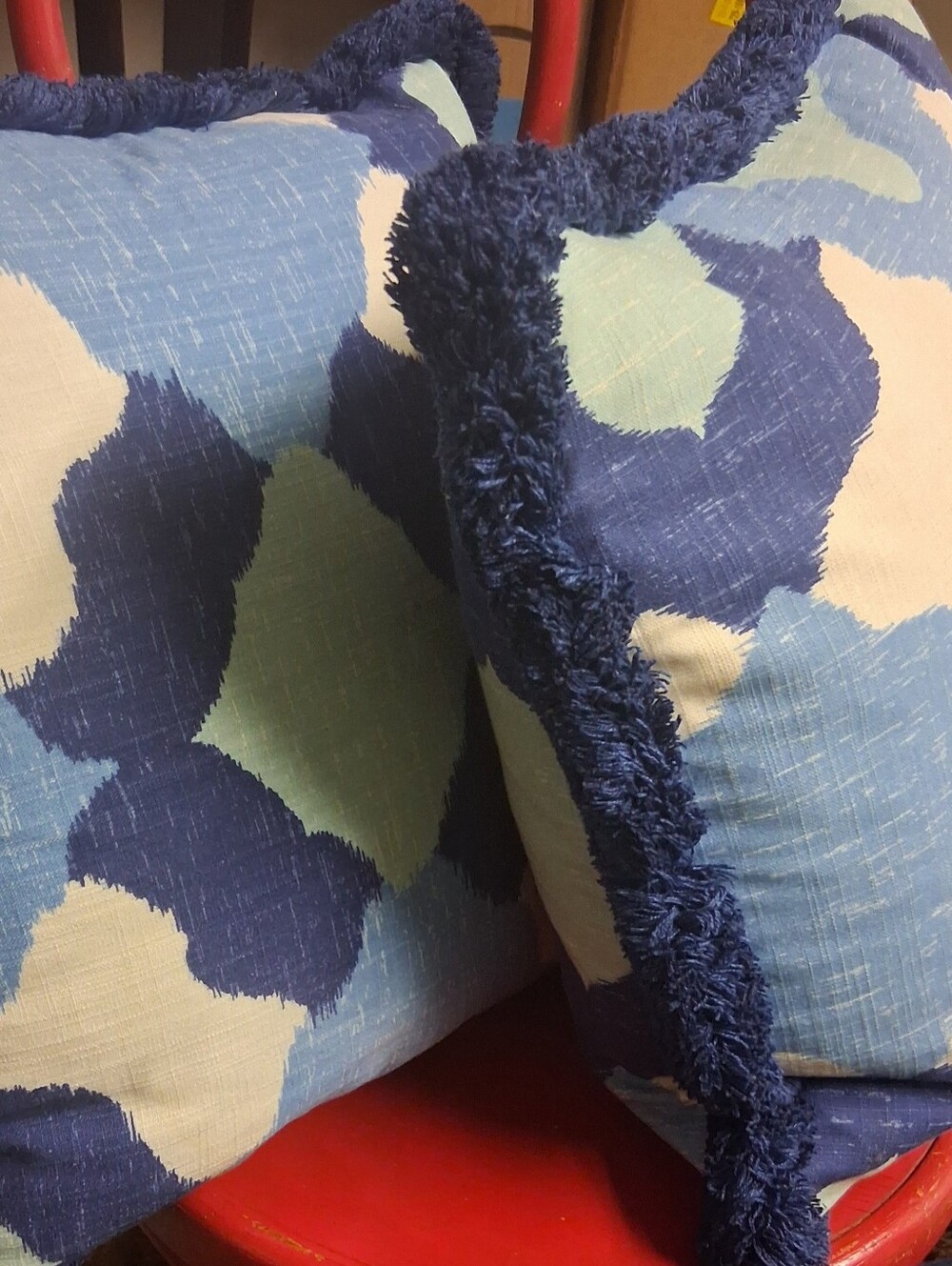 Decorative Blue Patterned Throw Pillow with Fringe Medium Size